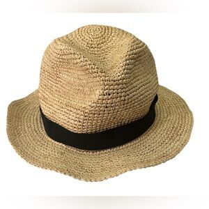 J. Crew Tan Straw Hat with Black Accent Packable rollable NWT